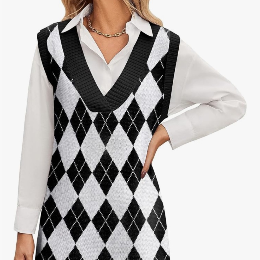 Black and White Argyle Sweater Vest